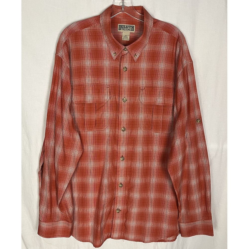 Duluth Trading Co Shirt Mens XL Orange ‎ Plaid Nylon Blend Outdoor Roll Tab
